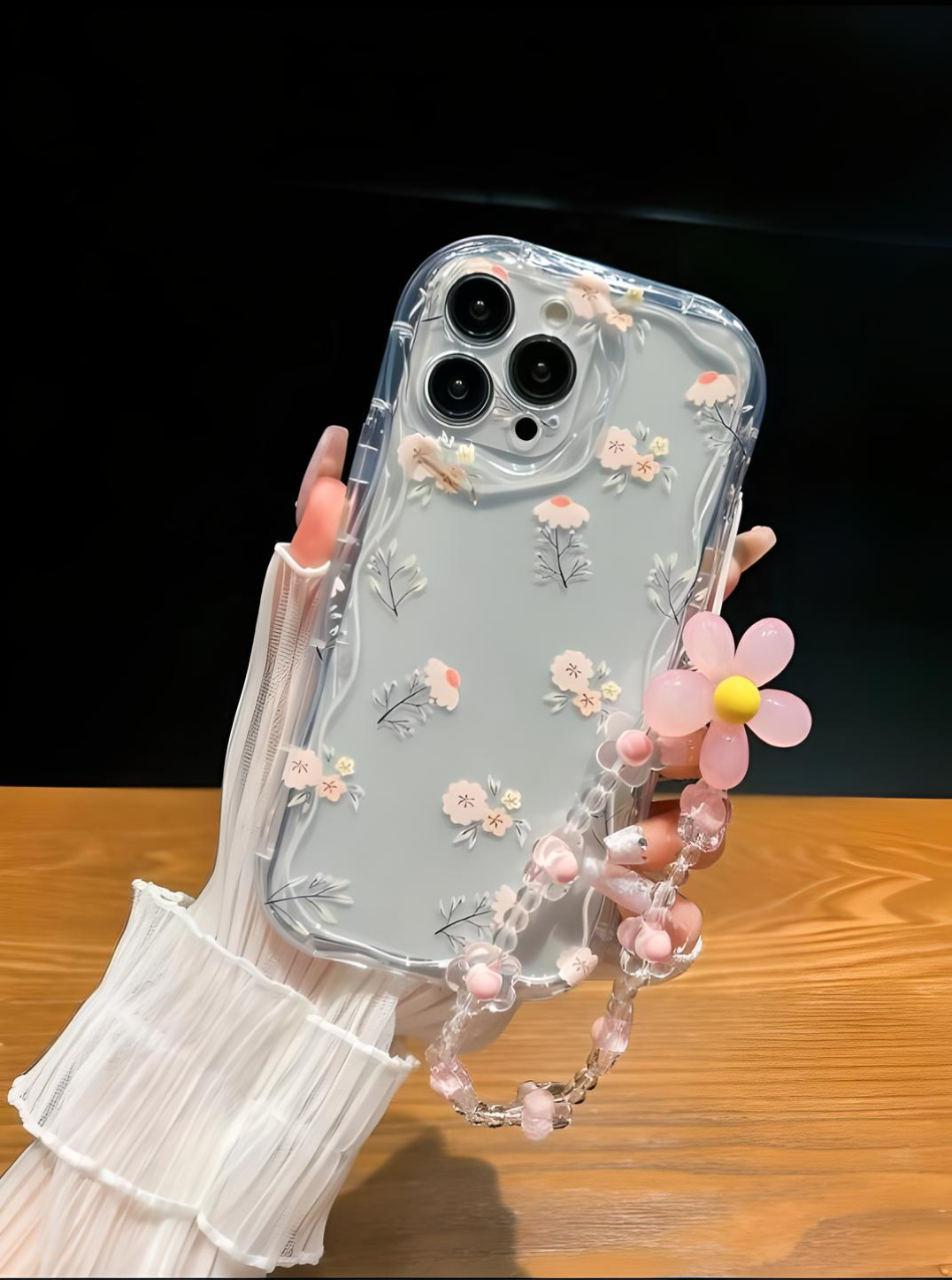 Transparent Fresh Floral Cellphone Case With Strap